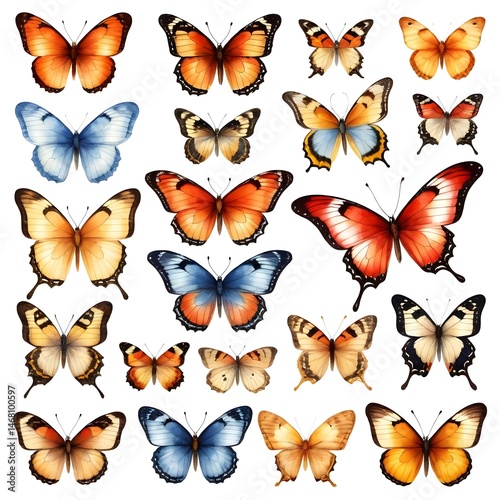 Collection of Colorful Butterflies Isolated on White Background