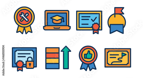 Flat vector icons of skill certification and achievements: professional skills badge, online diploma badge, verified skills certificate, learning milestone badge, achievement unlock certificate,