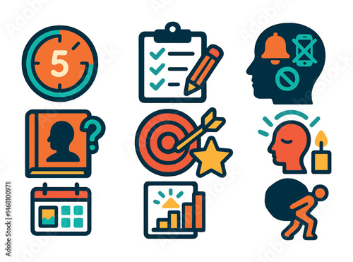 Flat vector icons of overcoming procrastination: 5-minute action starter badge, anti-procrastination planning checklist, distraction blockers setup badge, procrastination self-awareness guide, reward