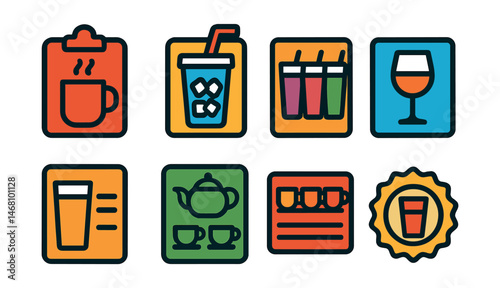 Flat vector icons of beverage menu categories: hot drinks tab, iced drinks section, smoothie list card, alcoholic beverage icon, juice selection layout, tea tasting panel, coffee flights menu, drink