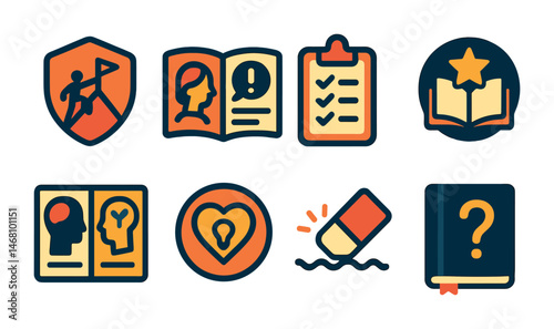Flat vector icons of growth mindset building: embracing challenges badge, learning from criticism guide, perseverance habits tracker, inspiring success stories reading badge, fixed vs growth mindset