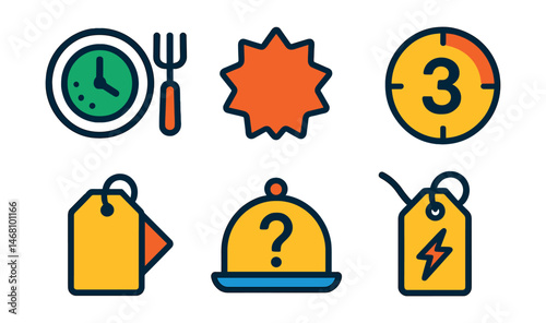 Flat vector icons of limited time menu items: clock with plate icon, “today only” badge, countdown sticker, short-run item tag, surprise menu pick, flash deal icon, seasonal countdown, “while