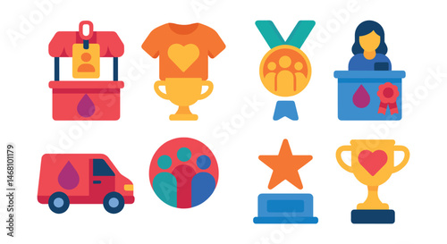 Flat vector icons of donor volunteering: donor booth setup badge, event volunteer shirt trophy, community outreach team medal, help desk at donor center ribbon, donor transport volunteer icon, group