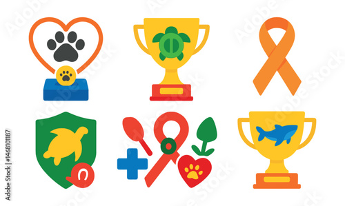 Flat vector icons of animal welfare charities: animal shelter donation badge, wildlife rescue charity trophy, pet adoption event medal, anti-cruelty campaign ribbon, endangered species protection