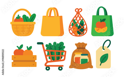 Flat vector icons of market shopping bags and baskets: woven basket with produce, reusable fabric bag, mesh sack with vegetables, eco tote with fruit, wooden crate, market trolly with greens, canvas