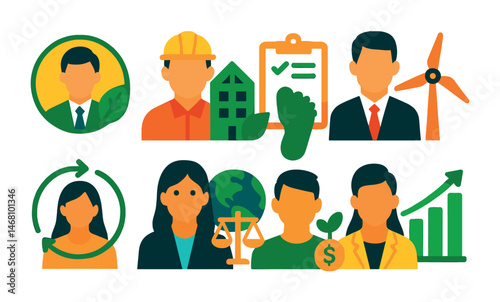 Flat vector icons of sustainable development careers: sustainability consultant badge, green building architect badge, carbon footprint auditor icon, renewable energy project manager badge, circular