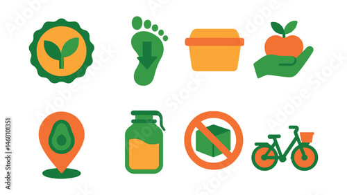 Flat vector icons of sustainability and local food: “support local” badge, low carbon footprint symbol, reusable box, hand-picked label, locally grown map pin, refill jar, zero packaging sign, farm
