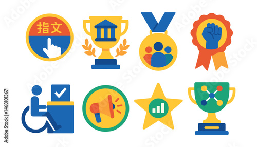 Flat vector icons of civic inclusion: multilingual voting badge, inclusive town hall trophy, citizens’ panel medal, youth participation ribbon, accessible polling station icon, community voice