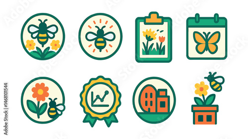 Flat vector icons of promoting urban pollinators: bee-friendly gardens badge, pollinator week celebration badge, urban meadows for pollinators guide, butterfly habitat planting planner, native plants