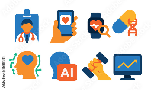 Flat vector icons of healthcare and wellness tech careers: telemedicine doctor badge, health app developer badge, wearable device data analyst badge, personalized medicine specialist badge, mental