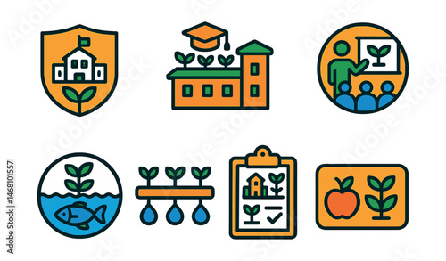 Flat vector icons of urban farming education: urban farming schools badge, rooftop farming training programs, vertical farming workshops badge, aquaponics urban projects badge, hydroponics system