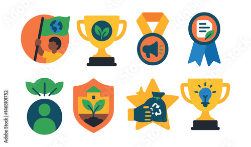 Flat vector icons of youth climate action: youth climate march badge, eco-club school initiative trophy, student-led sustainability campaign medal, climate petition signing ribbon, youth advisory