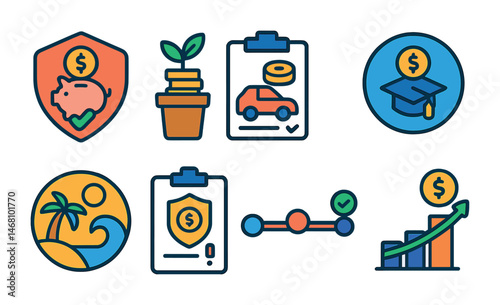 Flat vector icons of setting financial goals: short-term saving goal badge, long-term investment goal icon, saving for first car planner, saving for college tracker badge, dream vacation savings plan