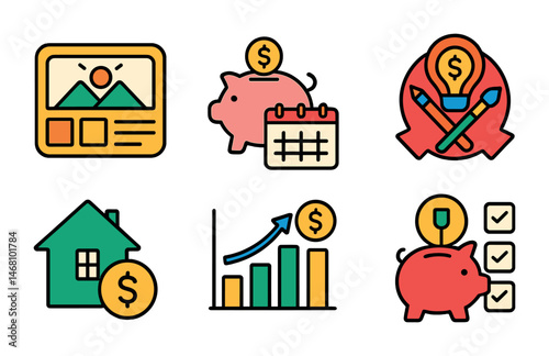 Flat vector icons of financial independence ideas: financial freedom dream board badge, saving for early retirement guide, passive income basics planner, side hustle planning badge, minimalist