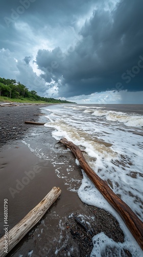 Stormy beach scene with dark clouds crashing waves and scattered driftwood