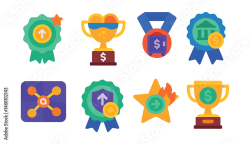 Flat vector icons of stablecoins in DeFi: decentralized stablecoin mint badge, stablecoin liquidity pool trophy, USD-pegged token vault medal, collateral-backed stablecoin ribbon, algorithmic