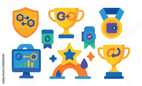 Flat vector icons of cross-chain DeFi tools: blockchain bridge interface badge, cross-chain asset swap trophy, multi-network DeFi wallet medal, wrapped token management ribbon, interoperability