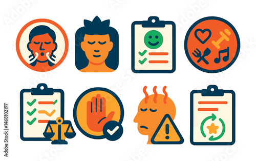 Flat vector icons of stress management skills: deep breathing techniques badge, mindfulness for stress guide, positive reframing planner, healthy coping mechanisms badge, maintaining balance
