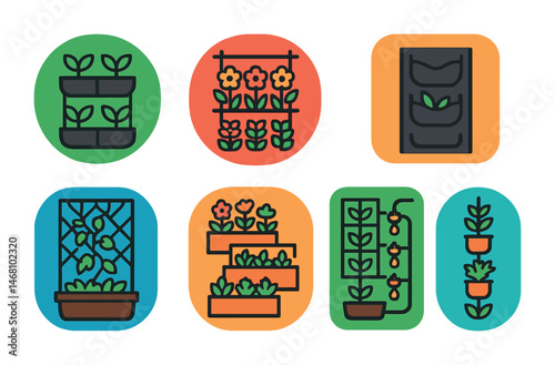 Flat vector icons of vertical gardening ideas: modular vertical planters badge, hanging flower walls badge, DIY bottle gardens planner, pocket fabric planters badge, balcony trellis for vines badge,