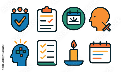 Flat vector icons of simplifying everyday life: daily priorities setting badge, minimalistic morning routine planner, intentional weekend planner badge, minimizing multitasking guide, reducing mental