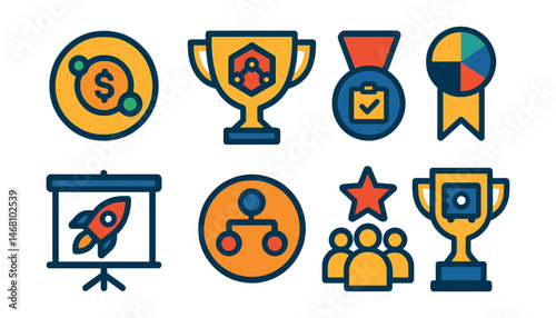 Flat vector icons of investment DAOs: pooled capital fund badge, DeFi investment DAO trophy, on-chain venture voting medal, portfolio diversification strategy ribbon, startup DAO pitch icon, deal