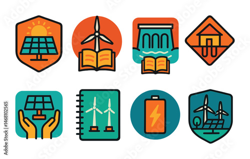 Flat vector icons of renewable energy introduction: learning about solar panels badge, understanding wind turbines badge, exploring hydroelectric energy badge, studying geothermal systems badge,