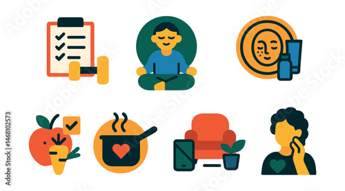 Flat vector icons of minimalist wellness routines: minimal fitness setup planner, simple meditation guide badge, minimalist skincare routine badge, basic nutrition essentials planner, simple home