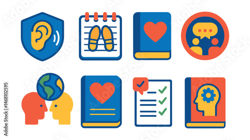 Flat vector icons of empathy development: active listening badge, putting yourself in others’ shoes planner, showing compassion guide, practicing empathy in conversations badge, understanding