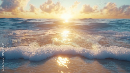 Tranquil beach at sunrise with soft waves and golden sunlight reflecting on the water