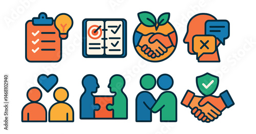 Flat vector icons of negotiation skills: preparation for negotiation badge, setting clear objectives planner, finding win-win solutions badge, handling objections respectfully badge, building rapport