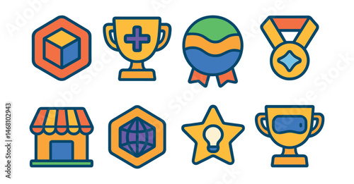 Flat vector icons of creator tools in the metaverse: 3D item builder badge, object duplication tool trophy, terrain editor mode medal, drag-and-drop builder ribbon, creator marketplace icon, mesh