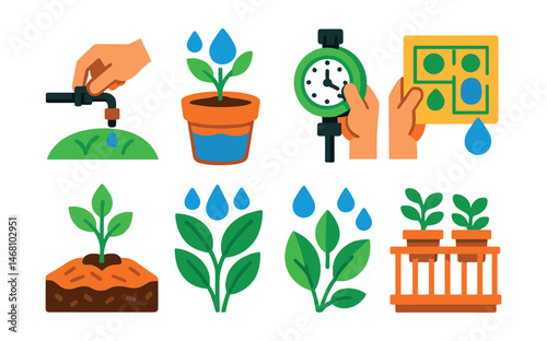 Flat vector icons of smart watering for small gardens: installing drip irrigation systems badge, using self-watering pots badge, setting automatic timers badge, planning water-saving layouts badge,
