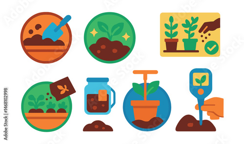 Flat vector icons of soil and fertilization techniques: mixing balcony soil badge, enriching soil naturally badge, making compost tea badge, fertilizing herbs planner, top-dressing balcony vegetables