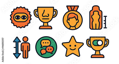 Flat vector icons of avatar customization features: eye shape selector badge, nose and mouth edit trophy, hairstyle picker medal, body shape slider ribbon, height adjustment tool icon, voice tone