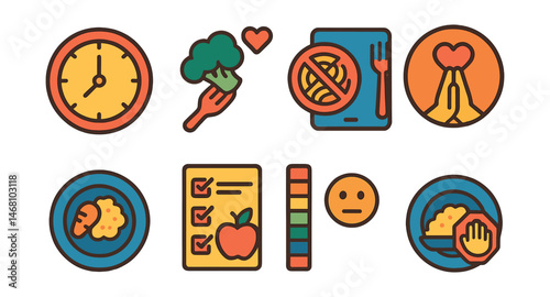 Flat vector icons of mindful eating practices: eating slowly badge, savor every bite symbol, eating without screens icon, gratitude before meals guide, smaller plate tip, mindful snacking checklist,