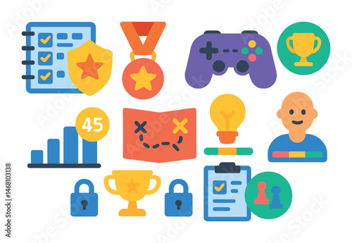 Flat vector icons of gamified education: collecting learning badges planner, achieving virtual study rewards badge, participating in educational games badge, earning leaderboard points badge,