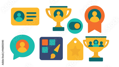Flat vector icons of avatar profile elements: avatar bio section badge, profile stats layout trophy, avatar visibility toggle medal, username display format ribbon, status message input icon, profile