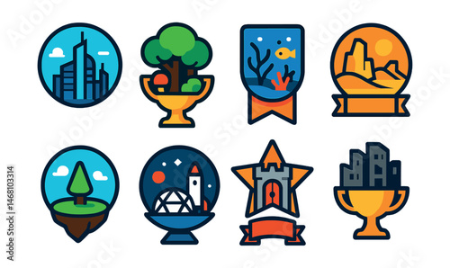 Flat vector icons of virtual world environments: futuristic city badge, fantasy forest zone trophy, underwater realm medal, desert exploration area ribbon, sky island hub icon, outer space colony