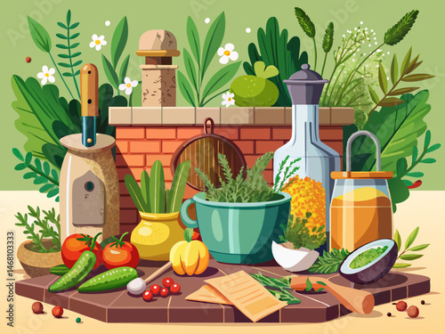 vector of Rural kitchen still life: Fresh herbs and cooking tools