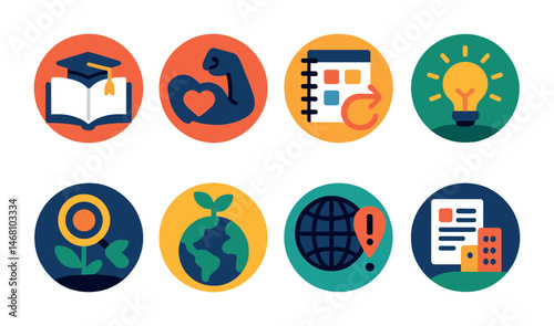Flat vector icons of building future-ready mindsets: developing lifelong learning habits badge, fostering resilience badge, embracing change planner, celebrating innovation mindset badge, nurturing