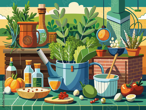 vector of Rural kitchen still life: Fresh herbs and cooking tools