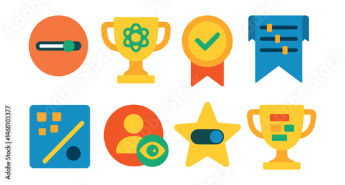 Flat vector icons of world performance settings: render distance slider badge, physics toggle trophy, background process limiter medal, audio optimization panel ribbon, object culling setting icon,