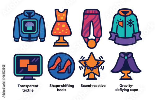 Flat vector icons of futuristic fashion concepts: holographic jacket badge, LED-embedded dress trophy, kinetic fabric trousers medal, climate-responsive coat ribbon, transparent textile display icon,