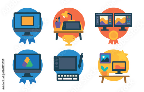 Flat vector icons of digital artist workspaces: desktop monitor setup badge, creative desk with tablet trophy, dual screen with art software medal, color-calibrated monitor ribbon, cable-free stylus