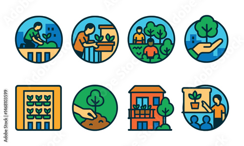 Flat vector icons of promoting urban greenery: planting rooftop gardens badge, installing balcony planters badge, participating in community gardens badge, supporting urban forest projects badge,