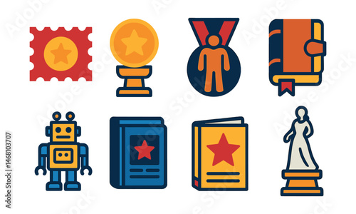 Flat vector icons of physical collectibles: vintage stamp badge, rare coin trophy, action figure medal, antique book ribbon, retro toy icon, collectible card binder badge, comic book cover star,
