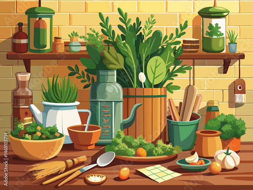 vector of Rural kitchen still life: Fresh herbs and cooking tools