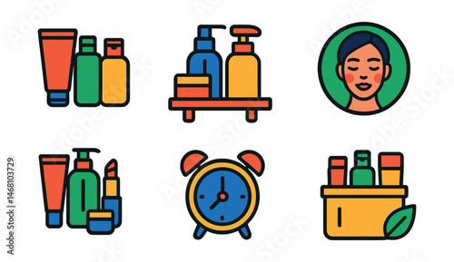 Flat vector icons of minimalistic beauty essentials: basic skincare trio, simple beauty shelf, clean makeup look badge, multi-use beauty products, travel light packing guide, 5-minute morning routine