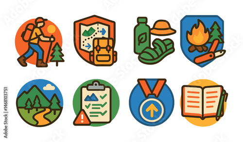 Flat vector icons of hiking and nature adventures: day hike essentials badge, planning multi-day treks badge, using eco hiking gear badge, building survival skills badge, exploring nature reserves