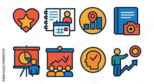 Flat vector icons of project-based learning habits: choosing passion-driven projects badge, collaborating with mentors planner, tracking project milestones badge, documenting project progress badge,